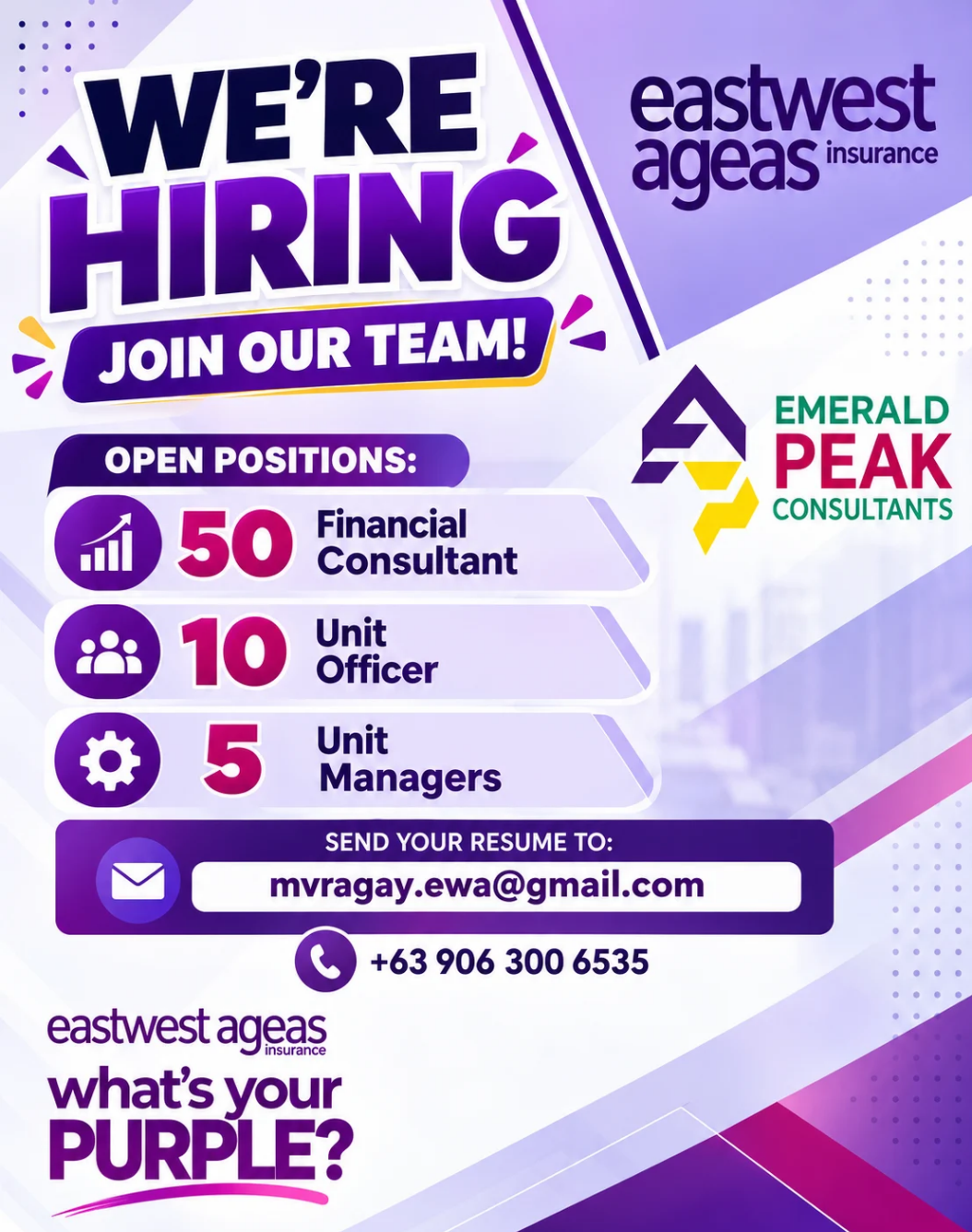 📢Eastwest Ageas insurance HIRING!!